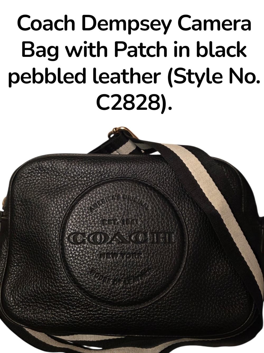 Coach Black Pebbled Leather Camera Crossbody Stripe Strap Gold Logo Hardware EUC